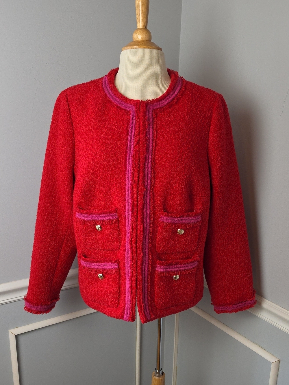 TALBOTS Red Boucle Pink Contrast Gold Button Career Lady Jacket Blazer 16P